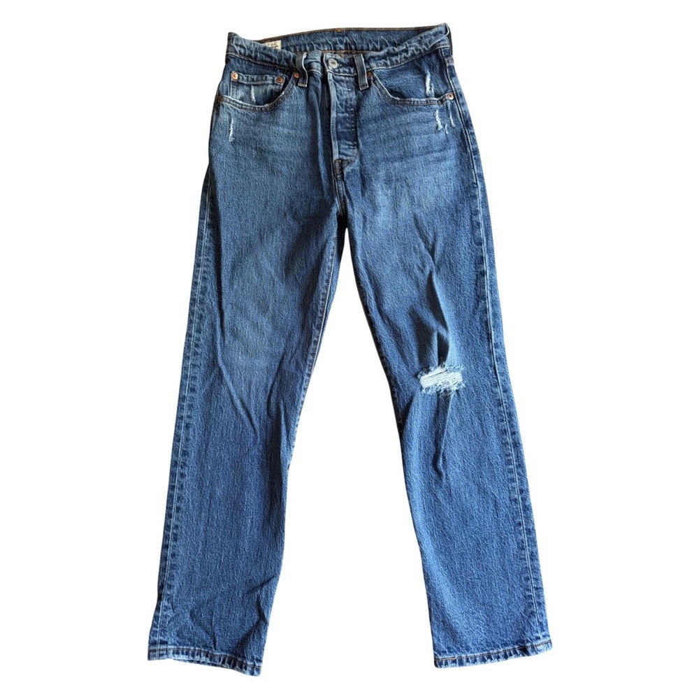 Levis Premium 501 Original Straight Leg Jeans Medium Wash Distressed W27 L28